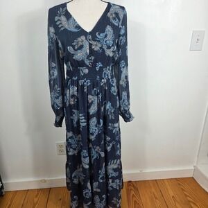 Lucky Brand Maxi Dress Womens Medium Blue Paisley Metallic Smocked Waist Boho